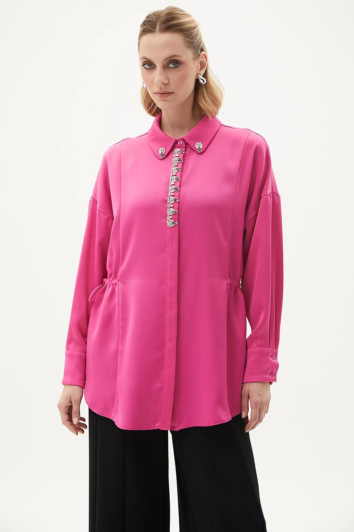 Embroidered Satin Tunic Fuchsia