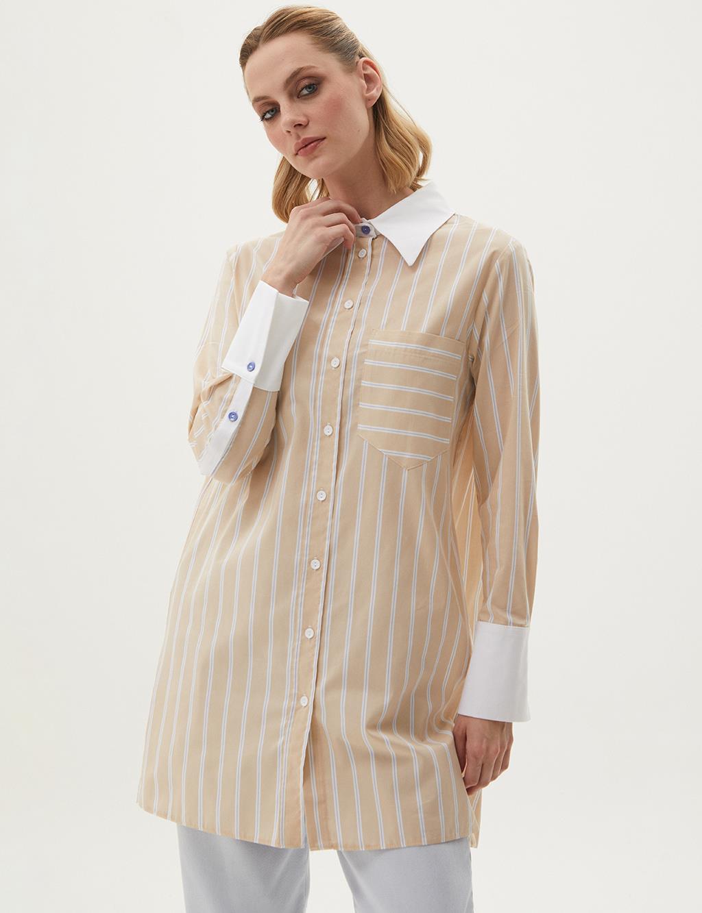 Çizgi Desen Poplin Tunik Bej 