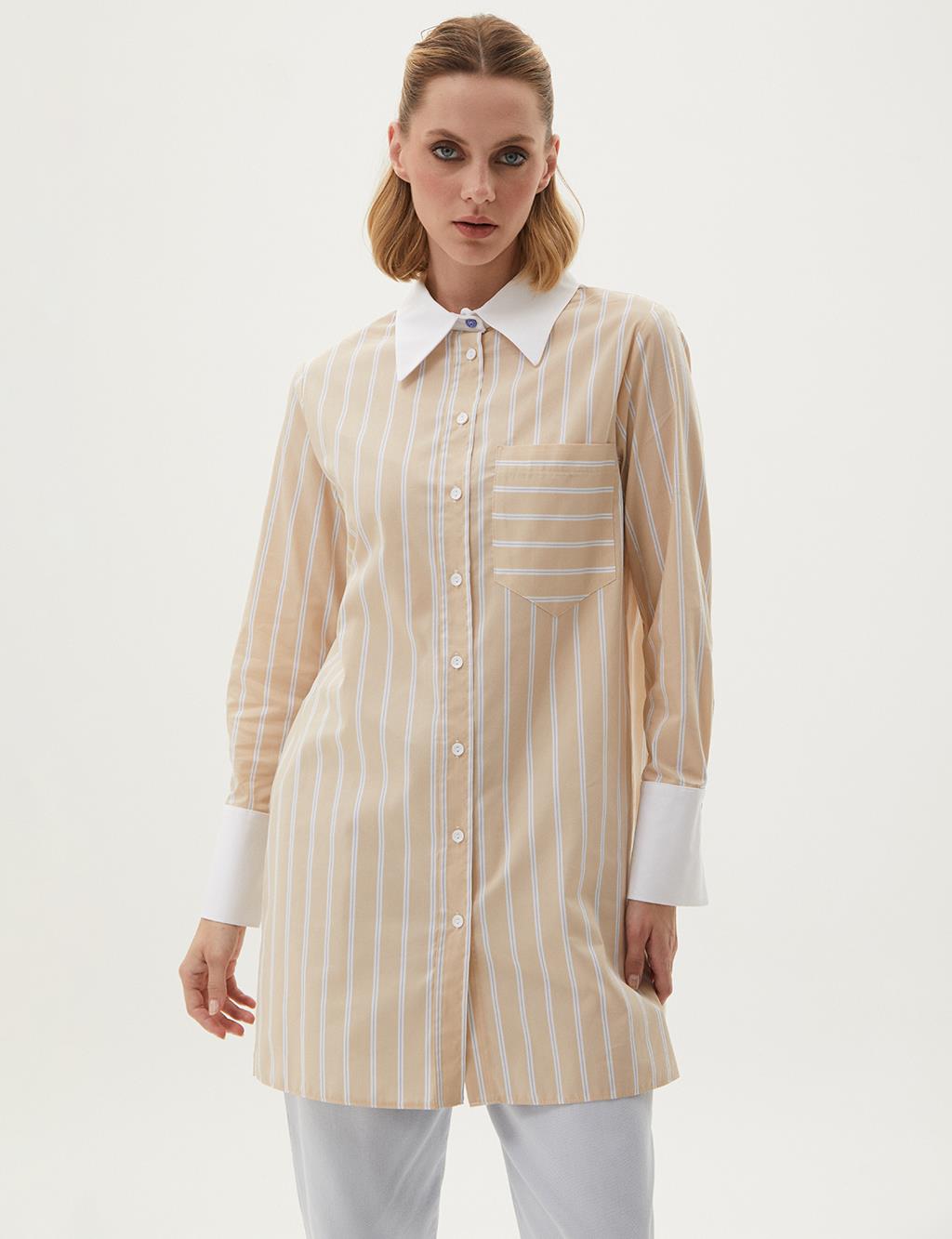 Çizgi Desen Poplin Tunik Bej 