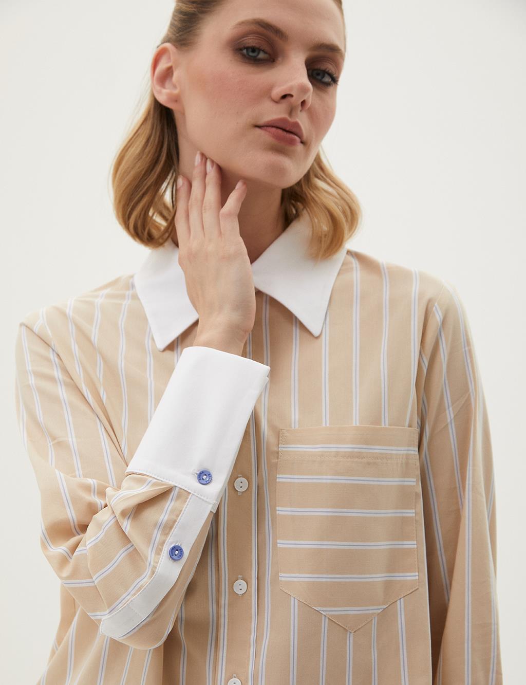 Çizgi Desen Poplin Tunik Bej 
