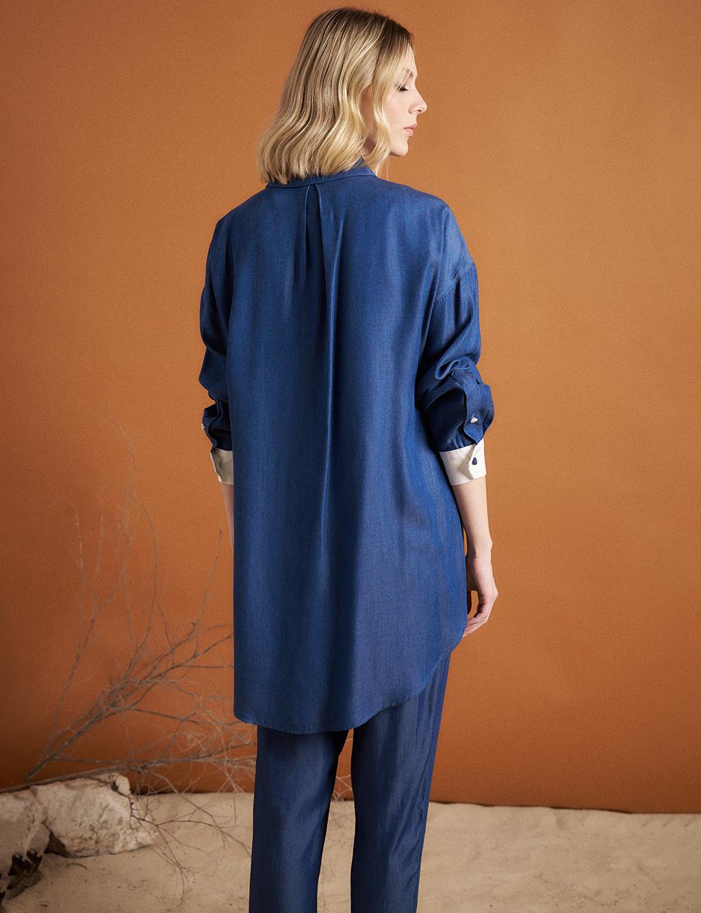 The Line Pattern Mixed Tunic Navy Blue