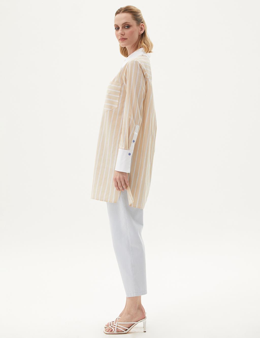 Stripe Pattern Poplin Tunic Beige