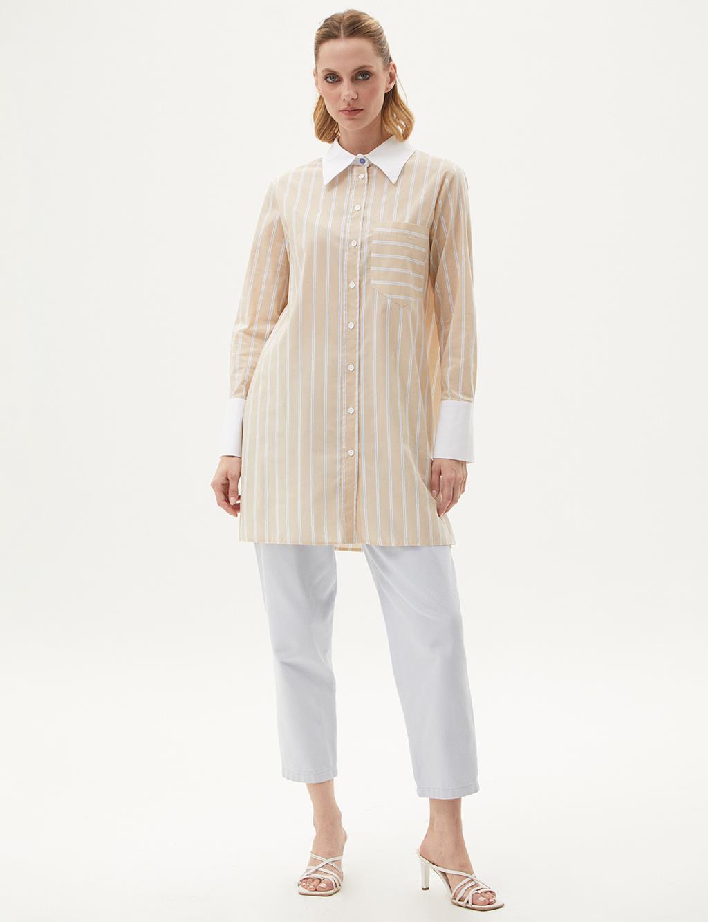 Stripe Pattern Poplin Tunic Beige