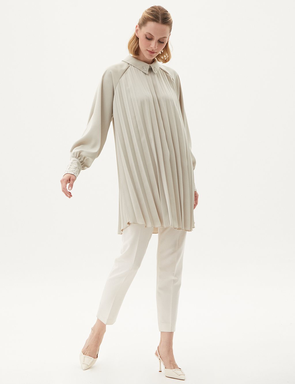 Satin Tunic Cream with Embroidered Sleeves
