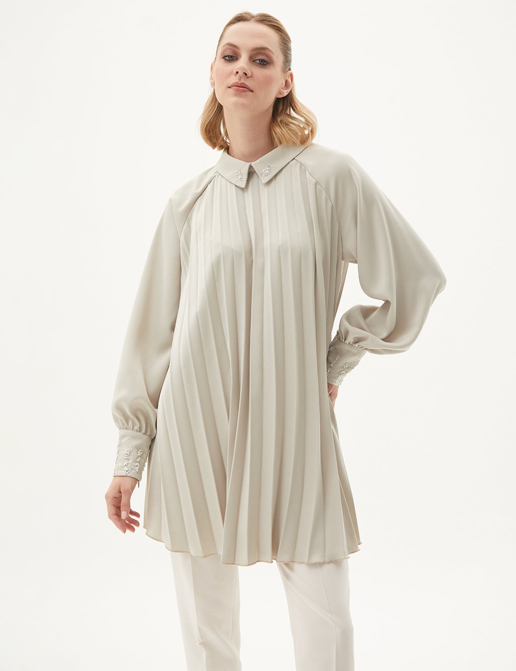 Satin Tunic Cream with Embroidered Sleeves