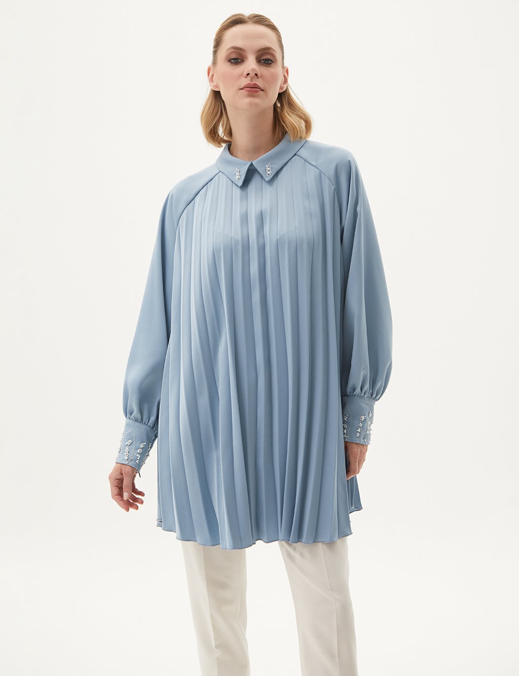 Satin Tunic Sea Ice with Embroidered Sleeves