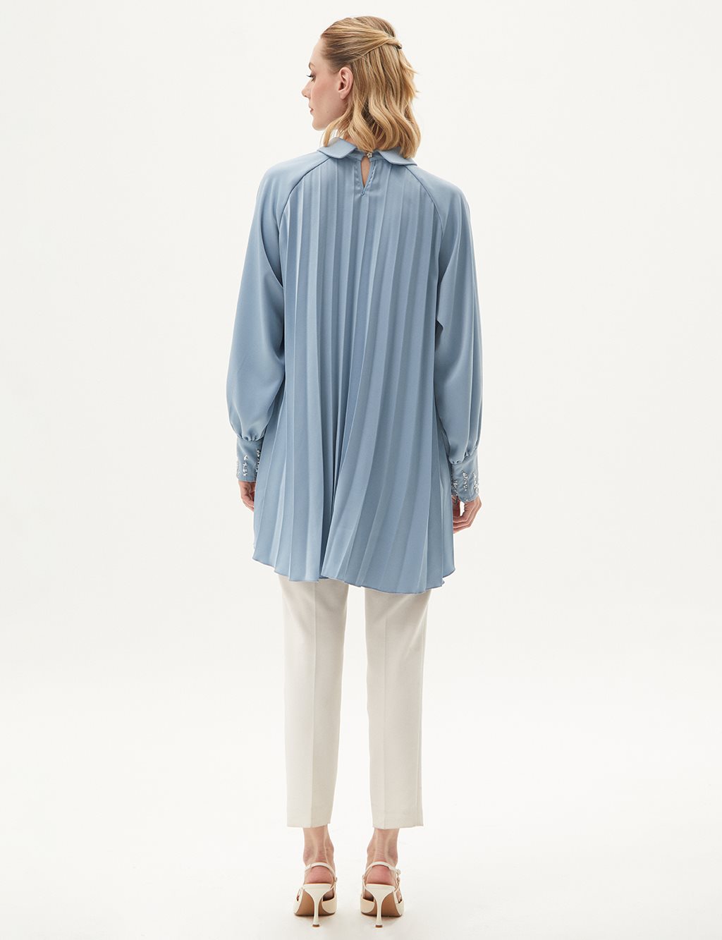  Embroidered Sleeves Satin Tunic Sea Ice 