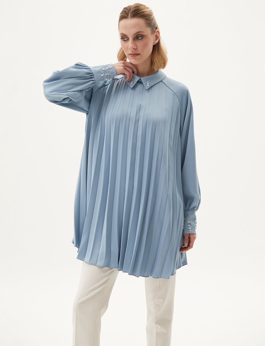  Embroidered Sleeves Satin Tunic Sea Ice 