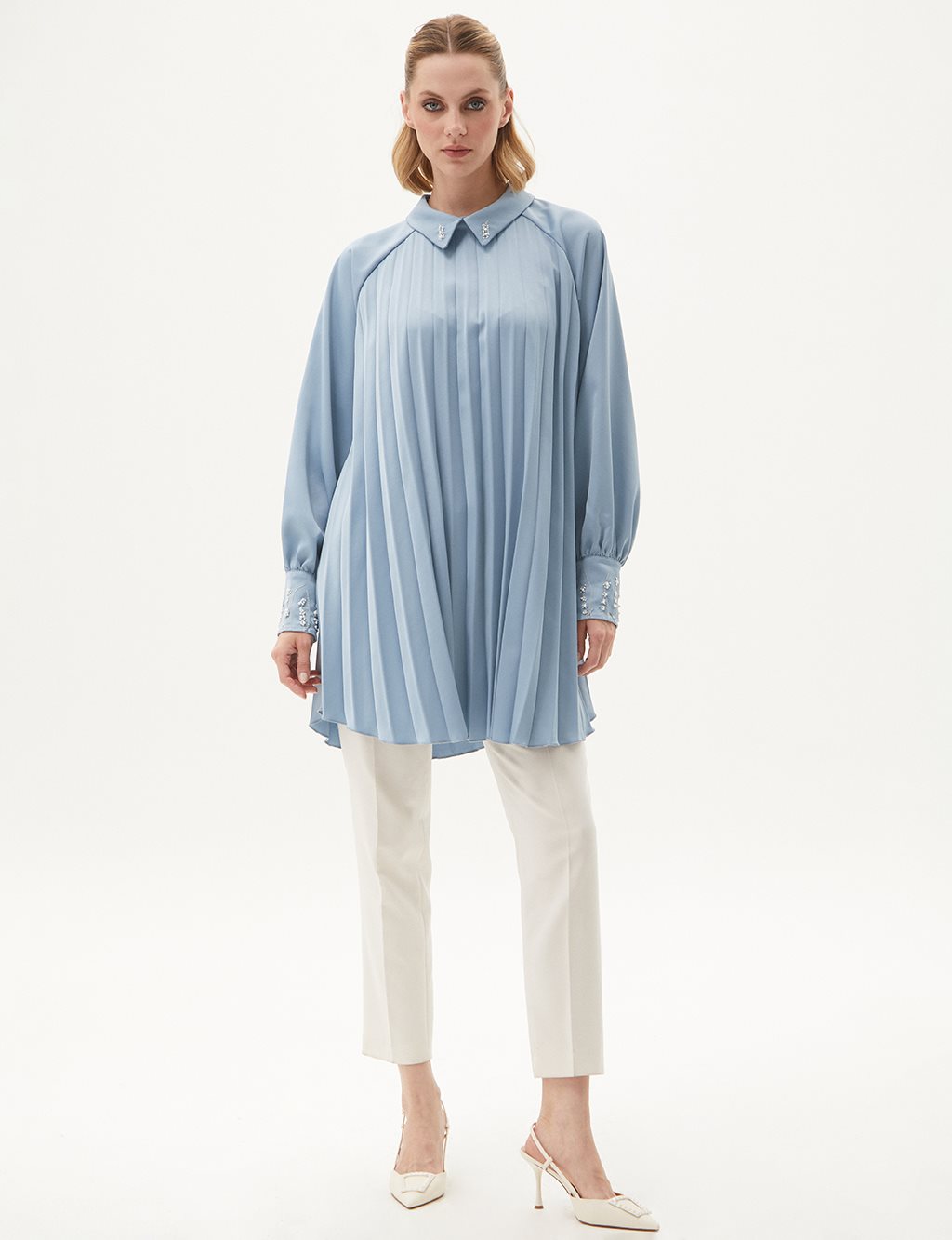  Embroidered Sleeves Satin Tunic Sea Ice 