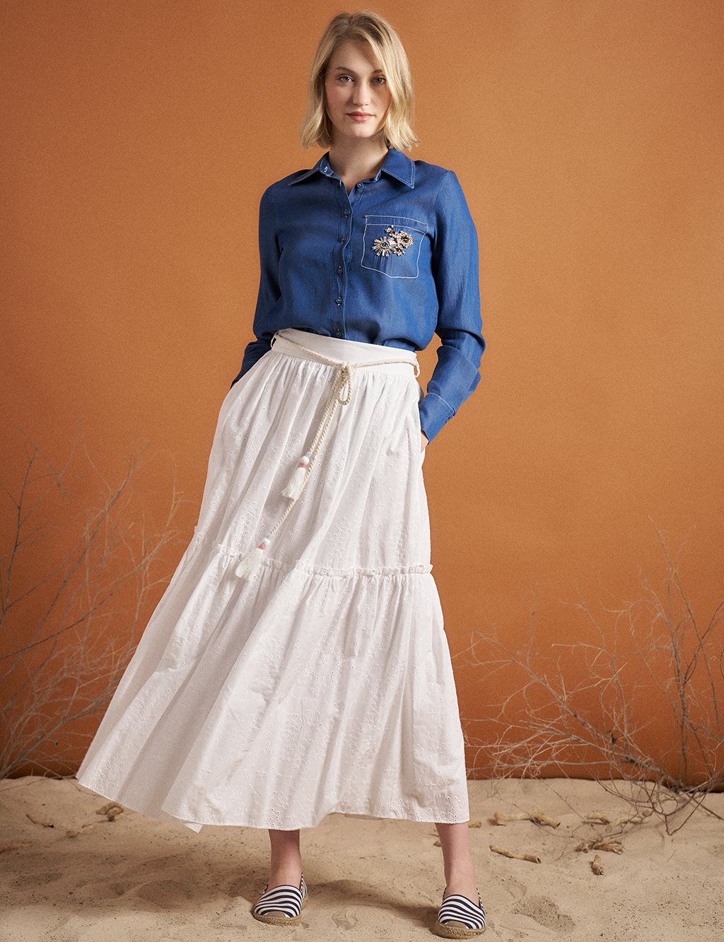 Layered Embroidered Skirt Optical White
