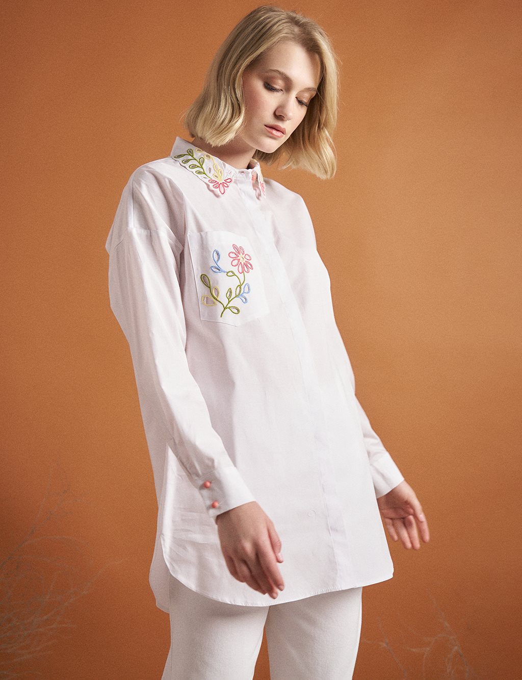 Poplin Tunic with Embroidered Collar Optical White