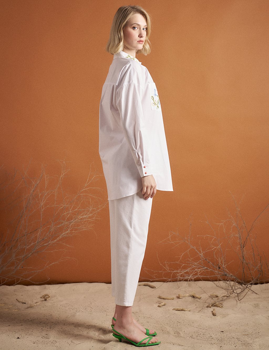 Poplin Tunic with Embroidered Collar Optical White