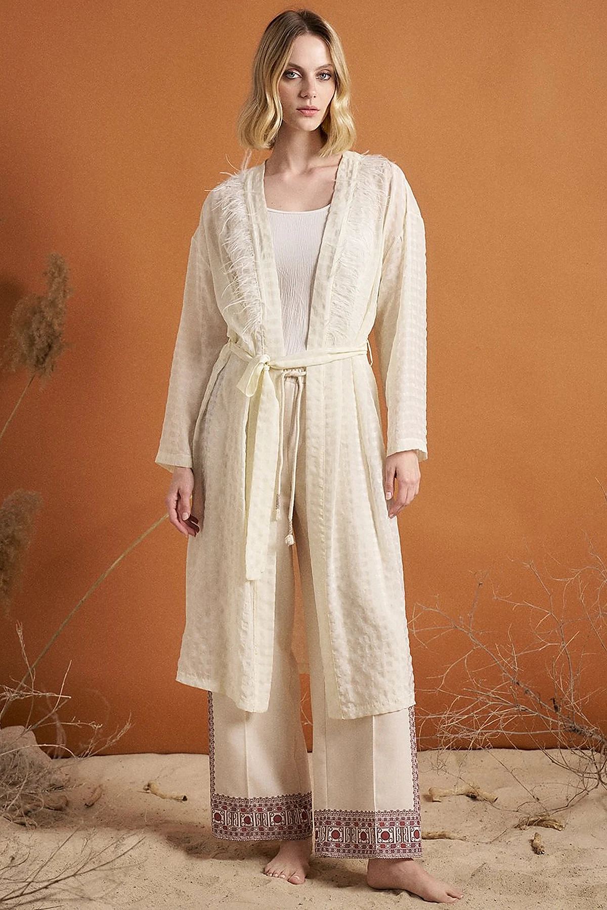 Gingham Feather Detail Kimono Optical White