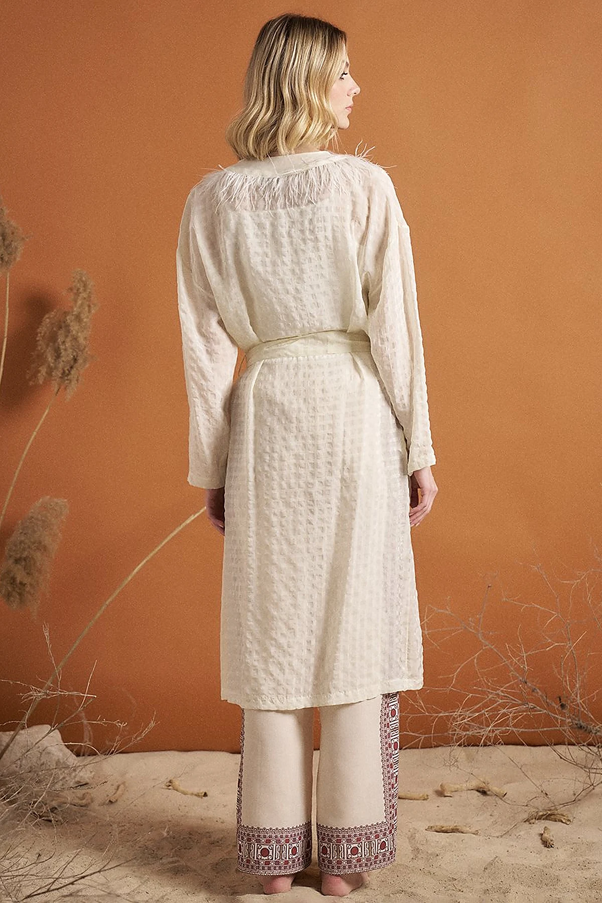 Gingham Feather Detail Kimono Optical White
