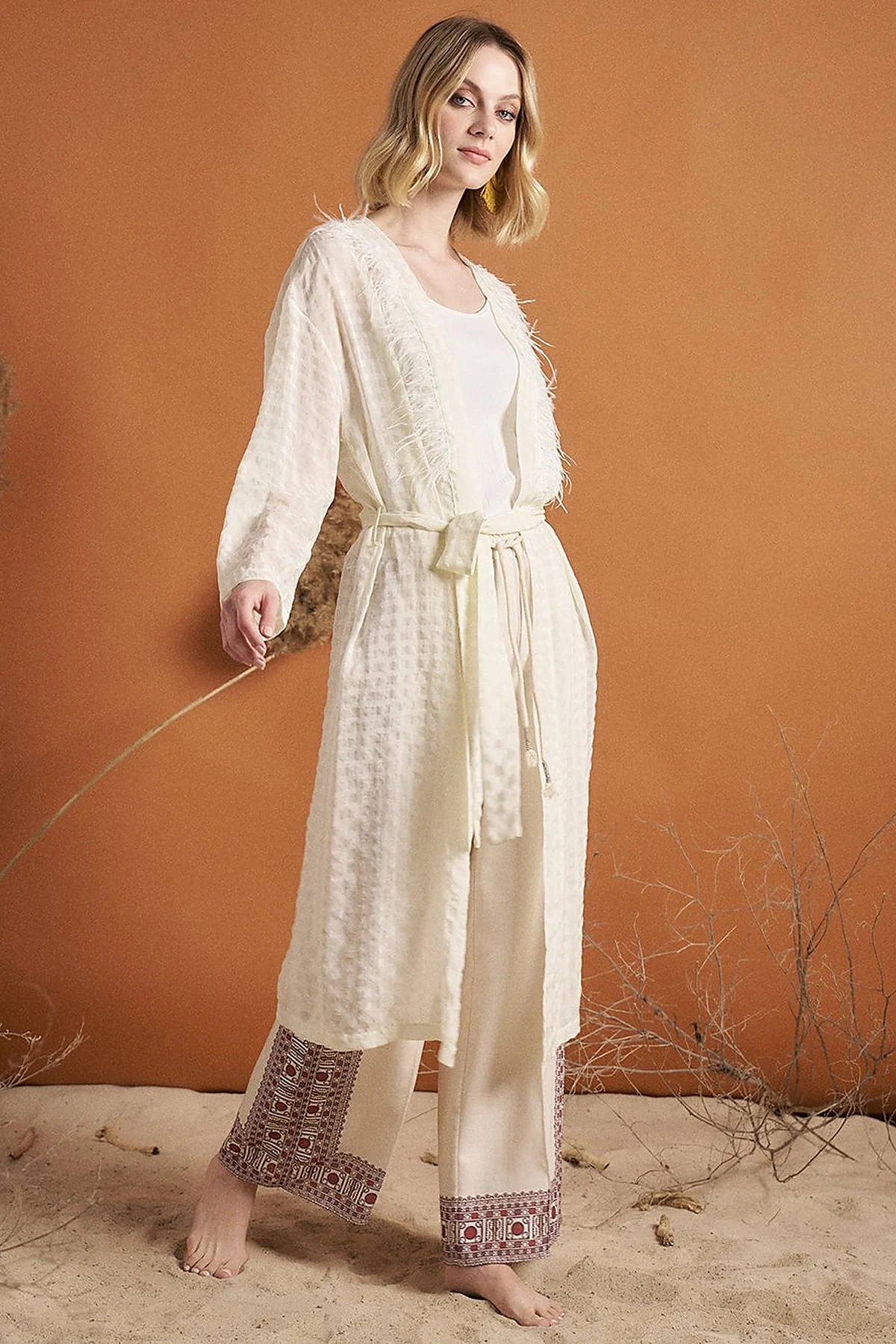 Gingham Feather Detail Kimono Optical White