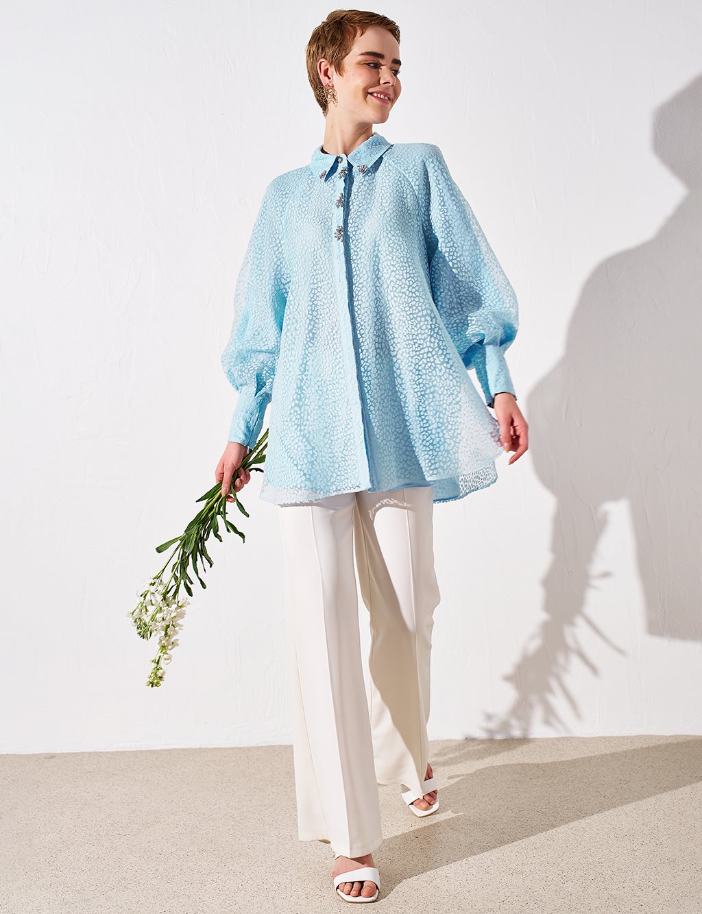Stone Embroidered Ruched Tunic Blue