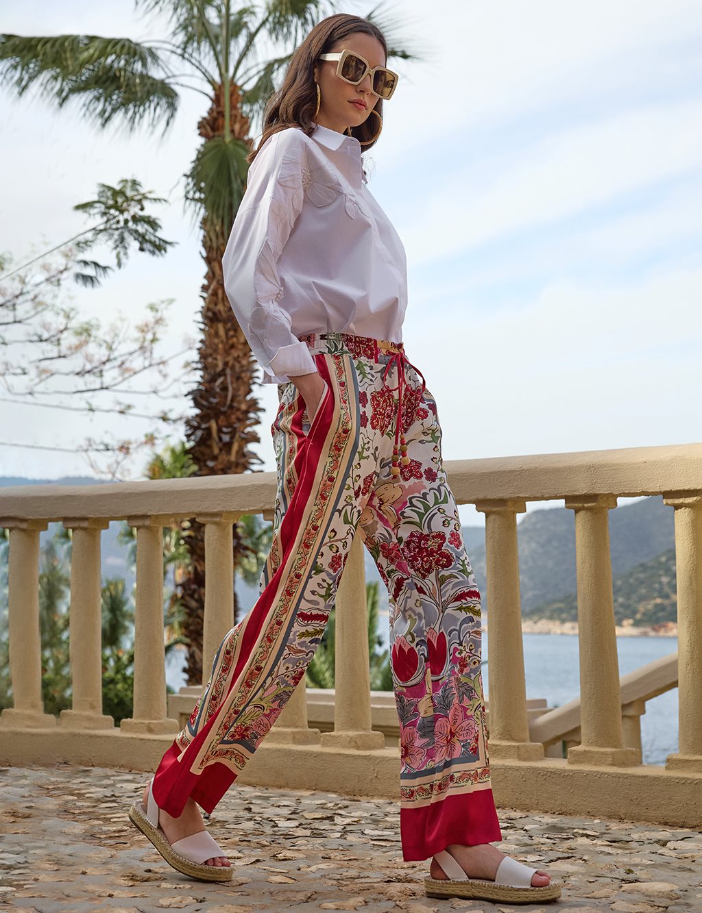 Ethnic Pattern Elastic Waist Wide Leg Trousers Red