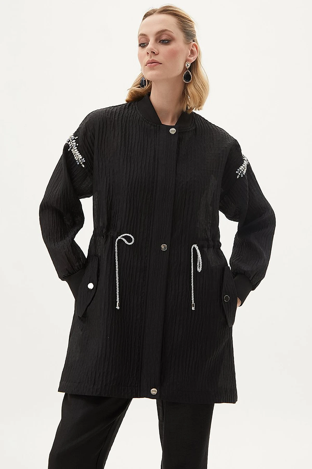 Stone Embellished Varsity Collar Jacket Black