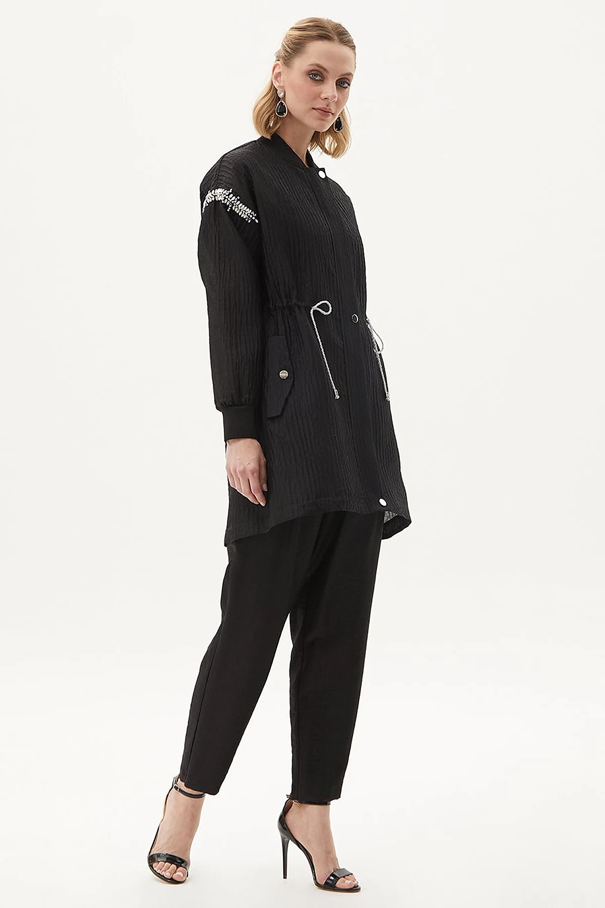 Stone Embellished Varsity Collar Jacket Black