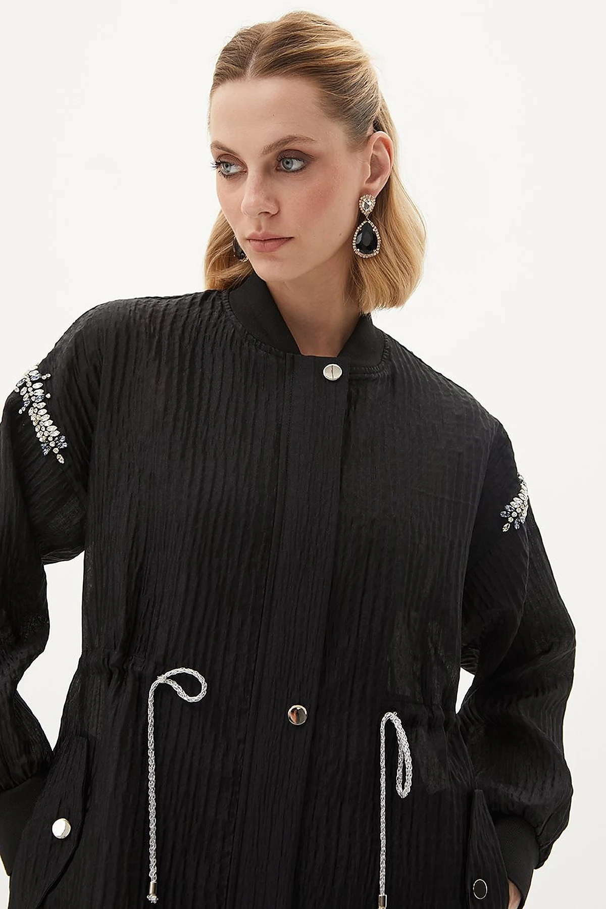Stone Embellished Varsity Collar Jacket Black