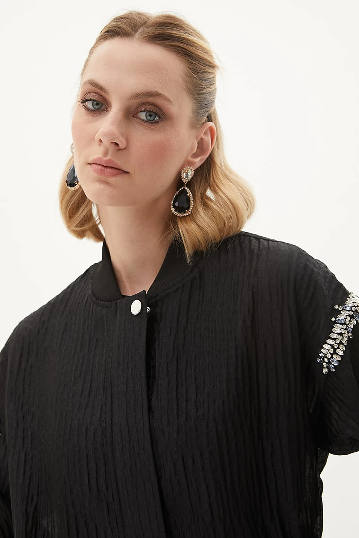 Stone Embellished Varsity Collar Jacket Black