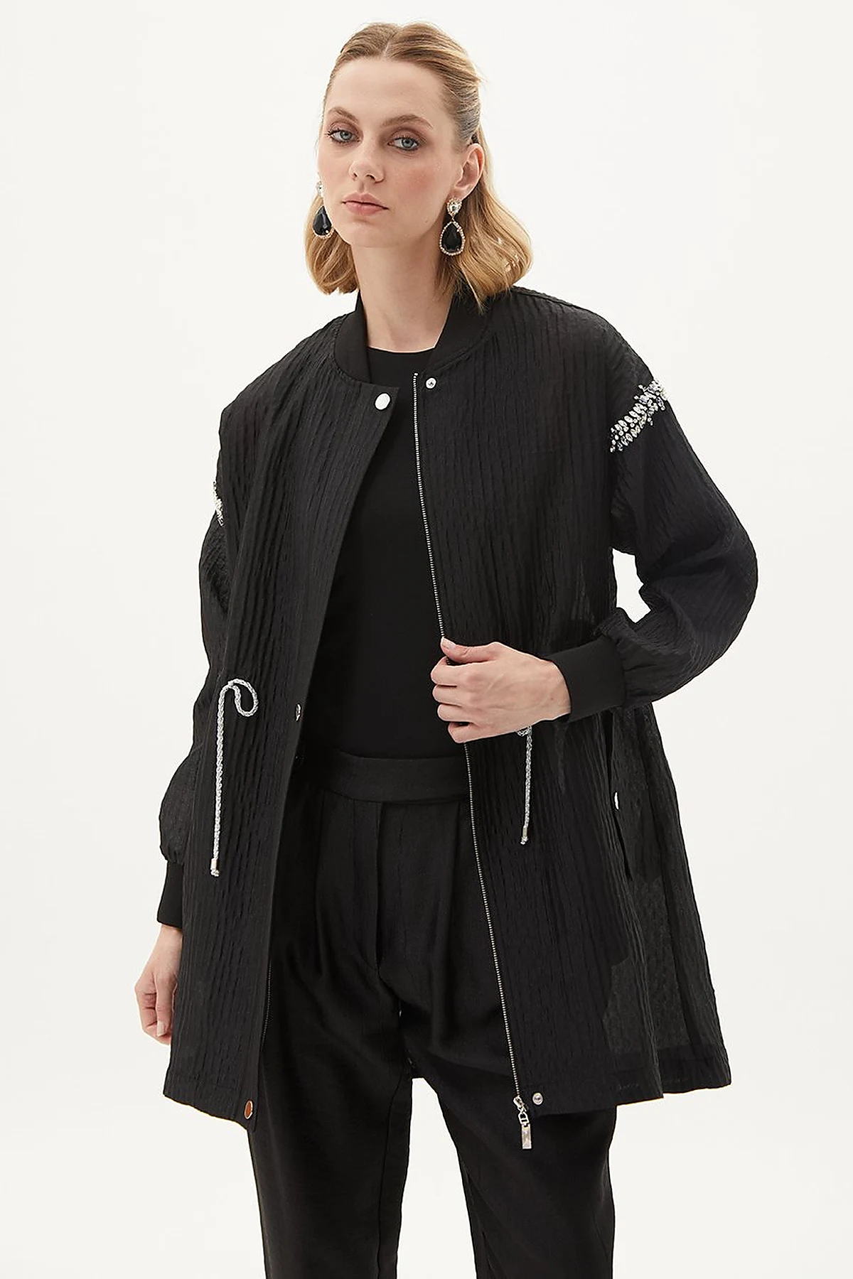 Stone Embellished Varsity Collar Jacket Black