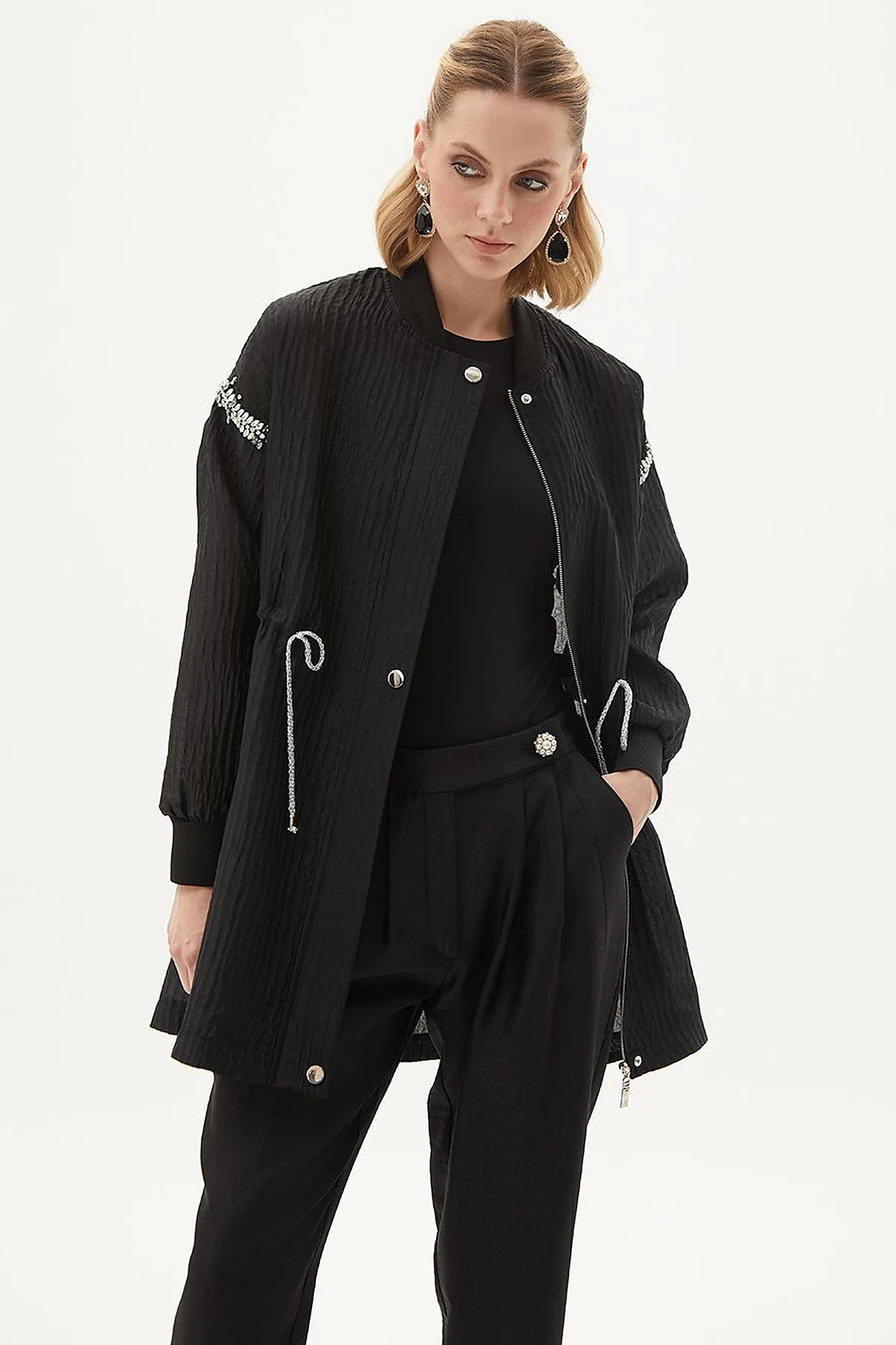 Stone Embellished Varsity Collar Jacket Black
