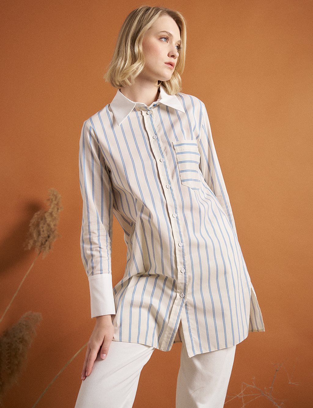 Çizgi Desen Poplin Tunik Krem 