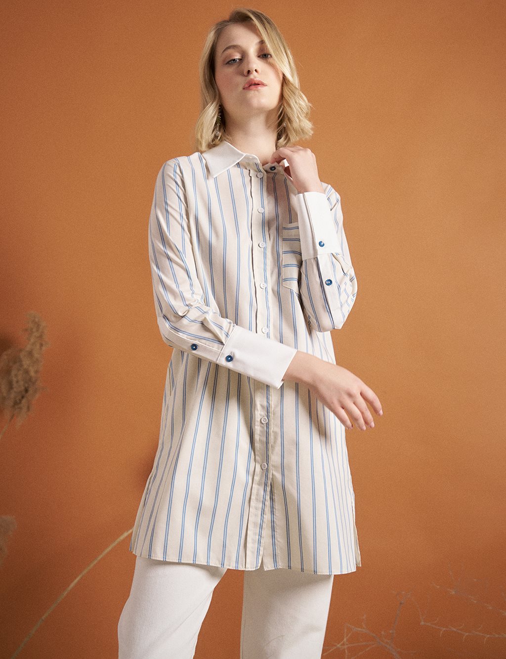 Çizgi Desen Poplin Tunik Krem 