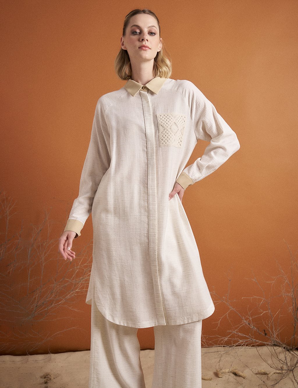 Brode Mixed Shirt Collar Tunic Cream