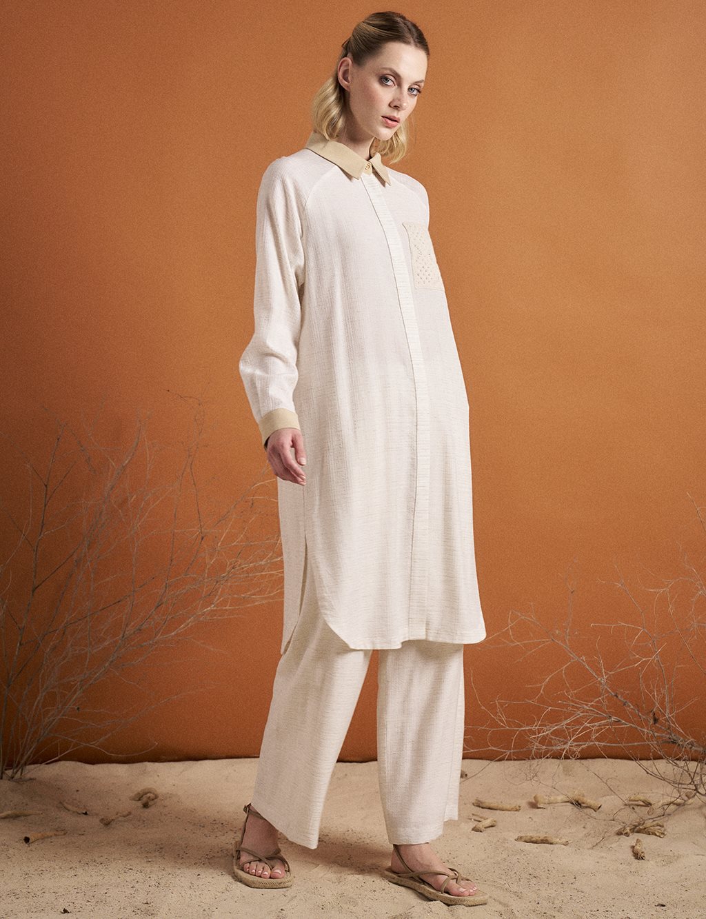 Brode Mixed Shirt Collar Tunic Cream