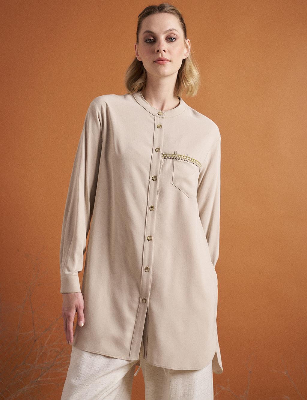 Knitted Piping Detailed Natural Fabric Tunic Stone