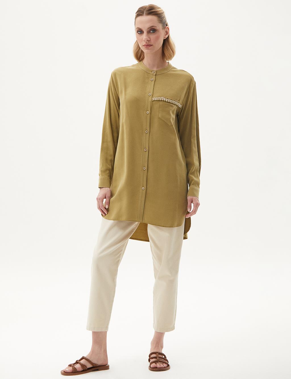 Knitted Piping Detailed Natural Fabric Tunic Khaki