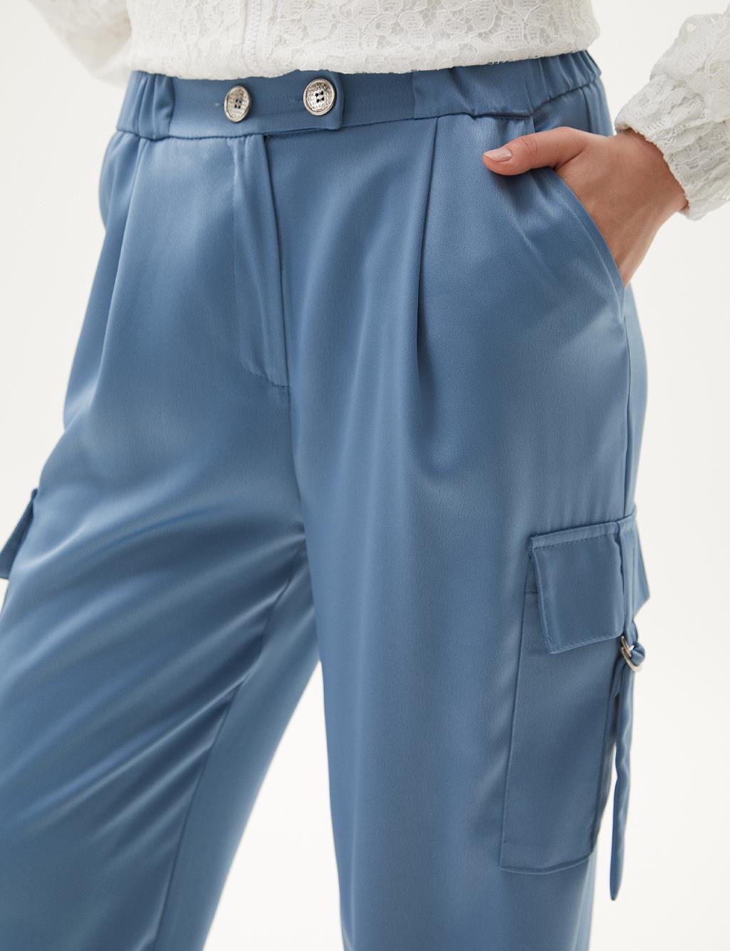 Paçası Lastikli Düğme Detaylı Saten Pantolon Taç Mavisi