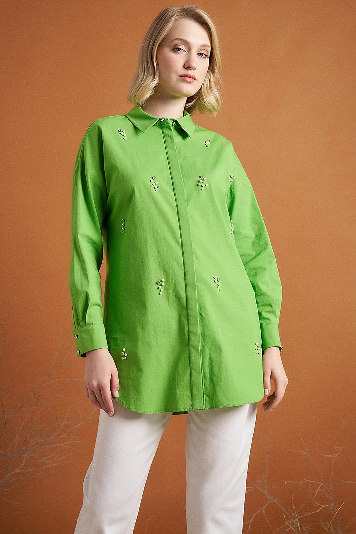 Stone Embellished Poplin Tunic Green
