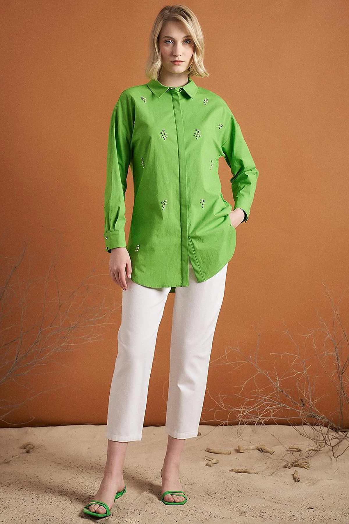 Stone Embellished Poplin Tunic Green