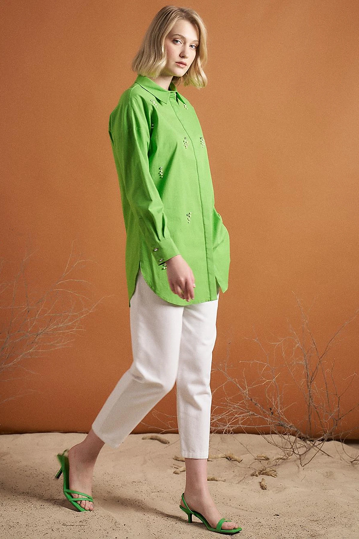 Stone Embellished Poplin Tunic Green