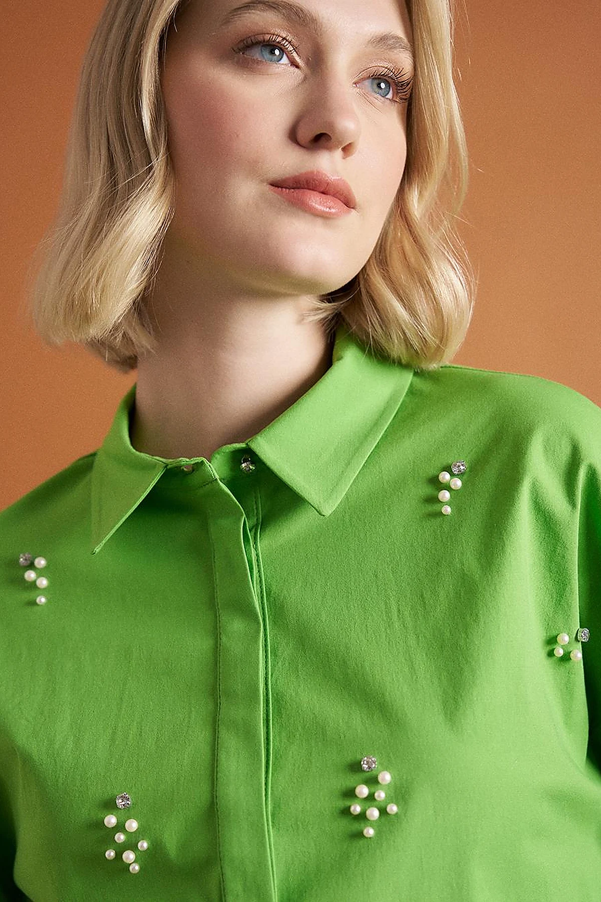 Stone Embellished Poplin Tunic Green