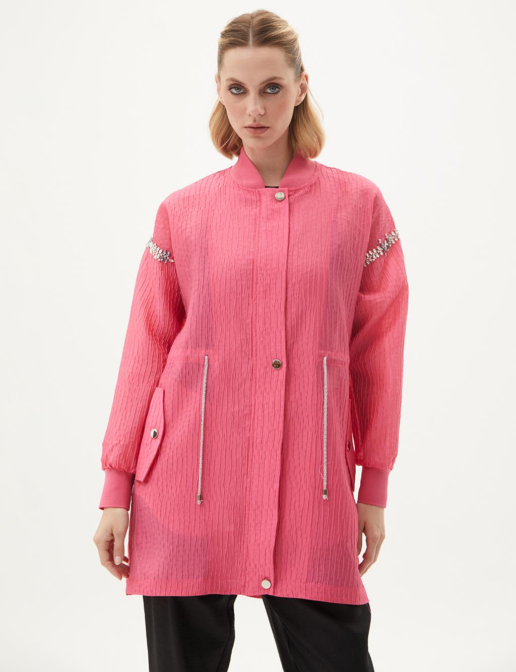 Stone Embroidered College Collar Jacket Candy Pink