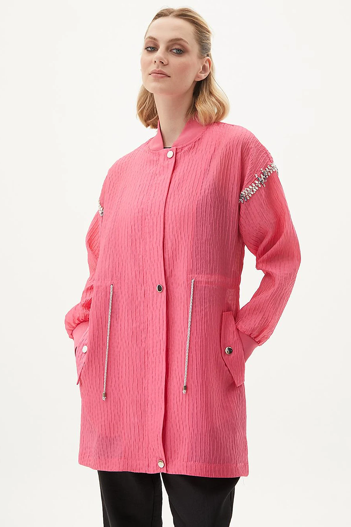 Stone Embellished Varsity Collar Jacket Candy Pink