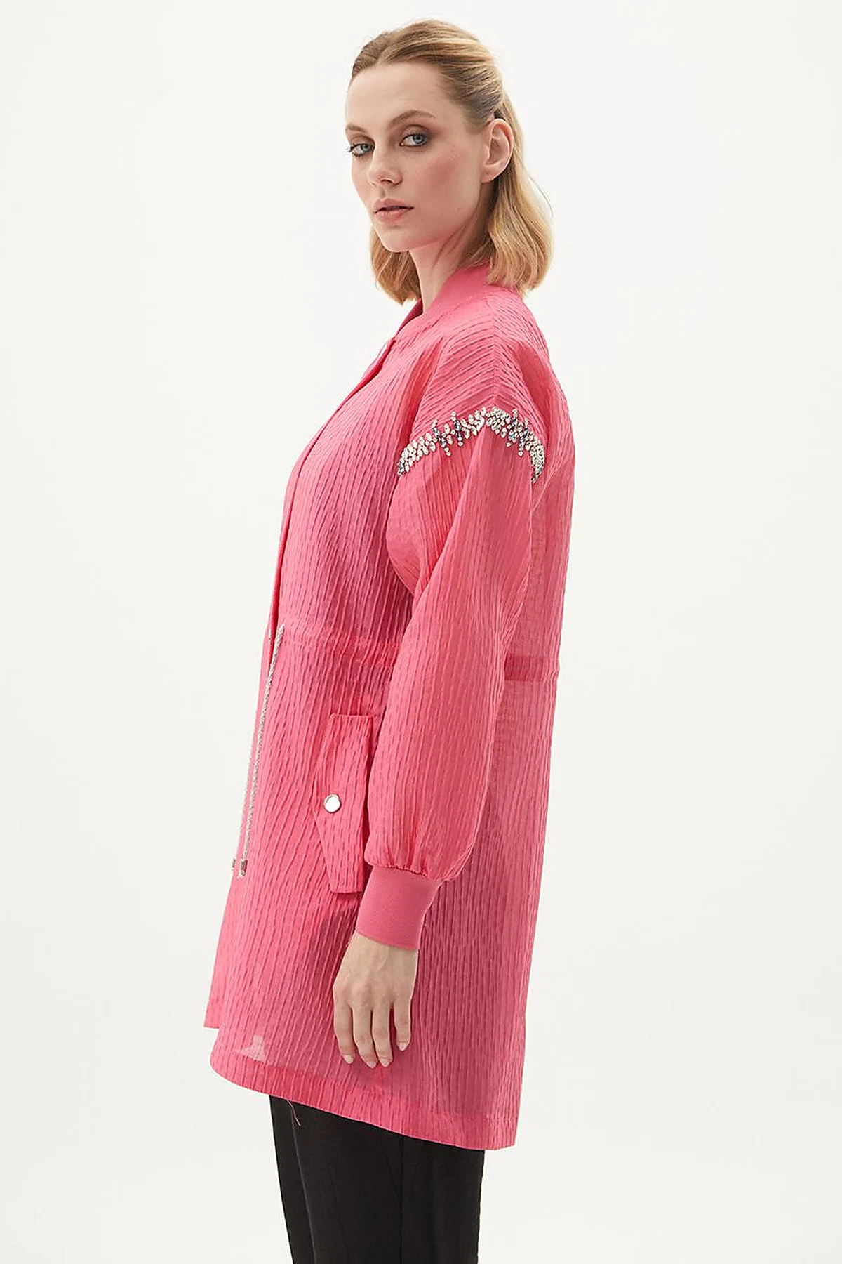 Stone Embellished Varsity Collar Jacket Candy Pink