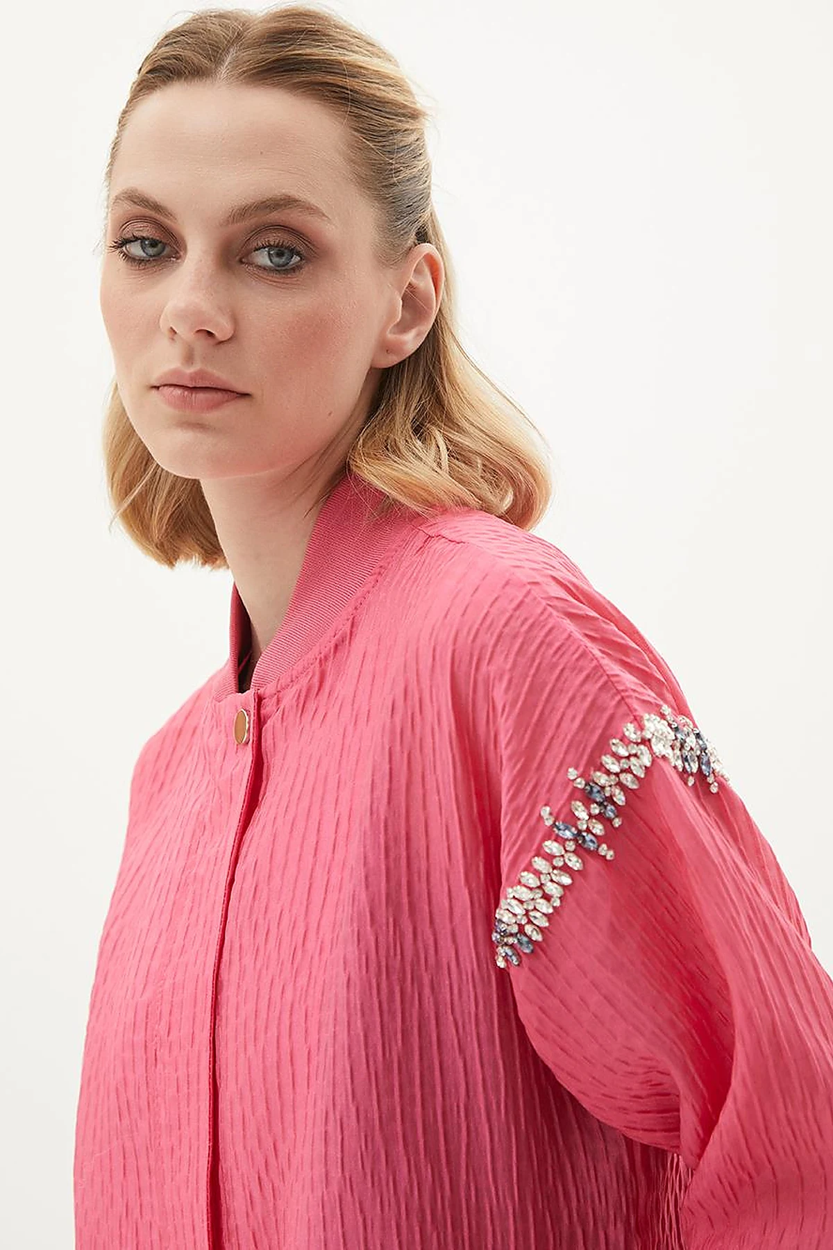 Stone Embellished Varsity Collar Jacket Candy Pink