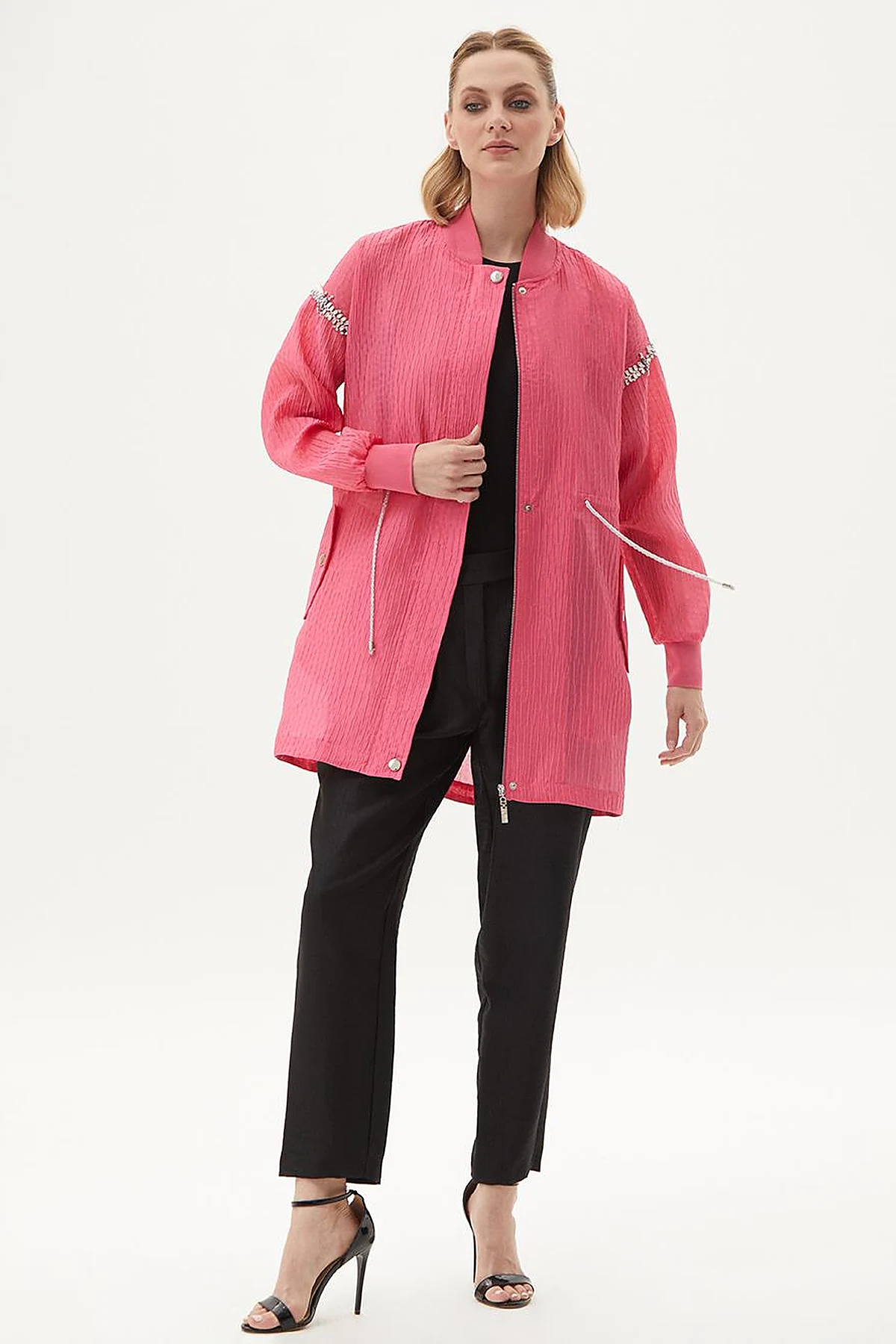 Stone Embellished Varsity Collar Jacket Candy Pink