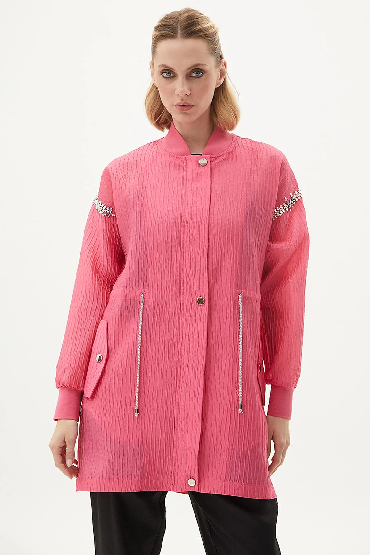 Stone Embellished Varsity Collar Jacket Candy Pink