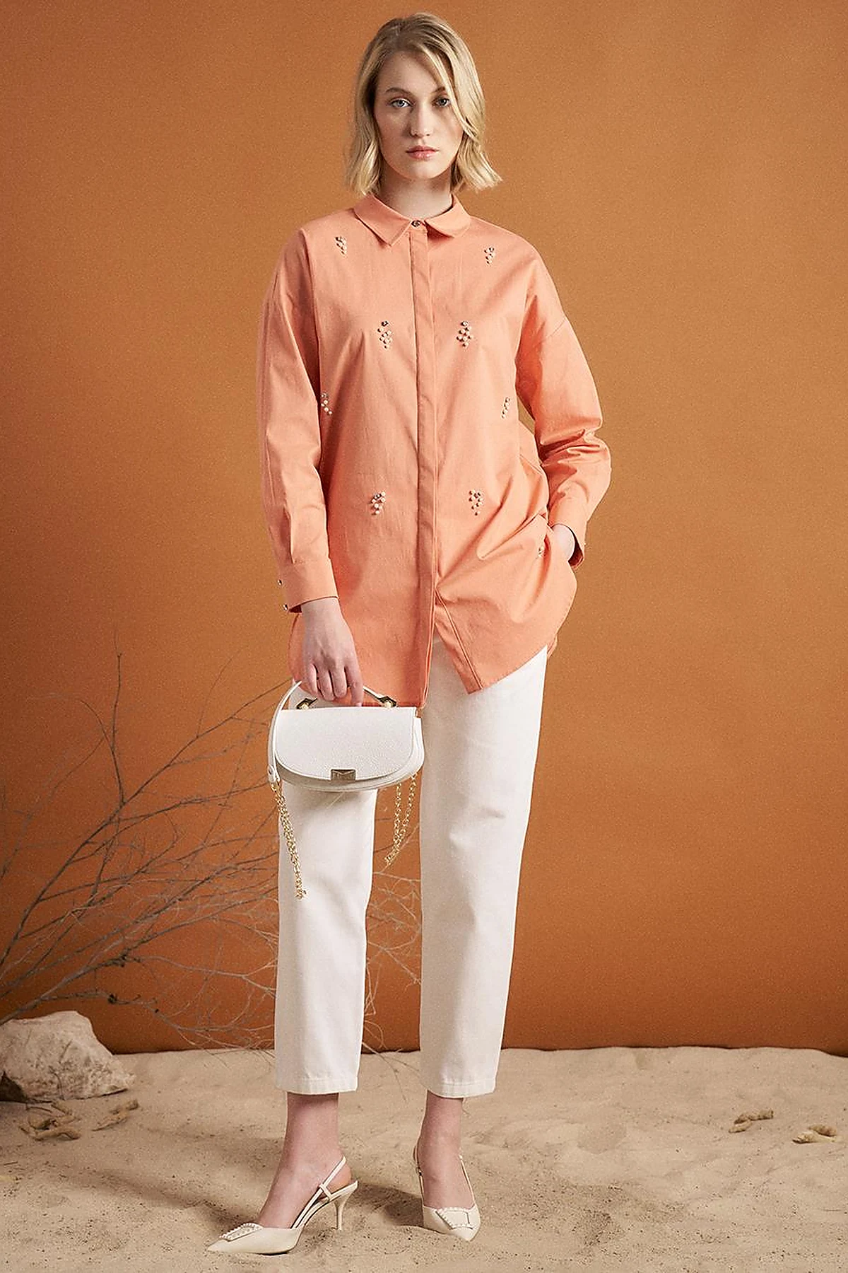 Stone Embellished Poplin Tunic Peach