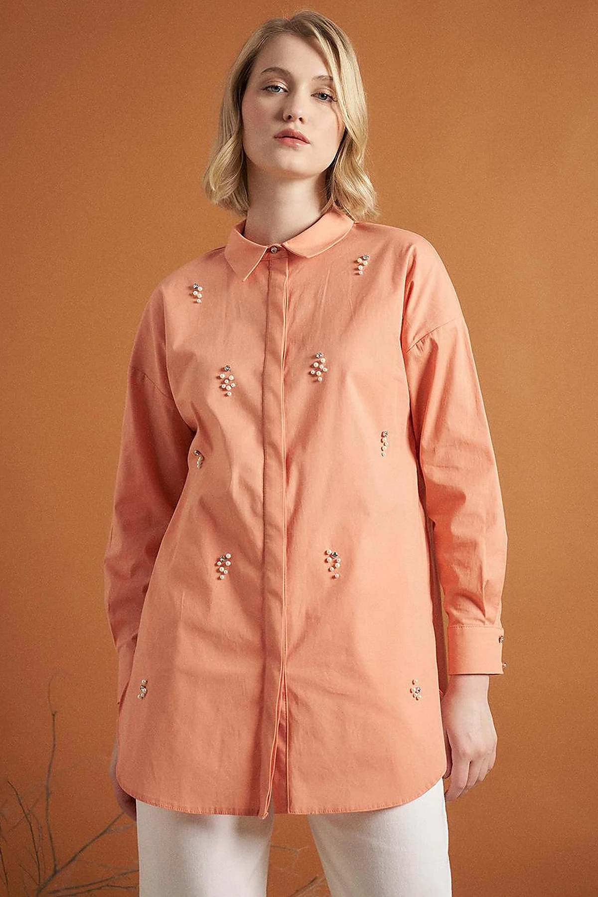 Stone Embellished Poplin Tunic Peach