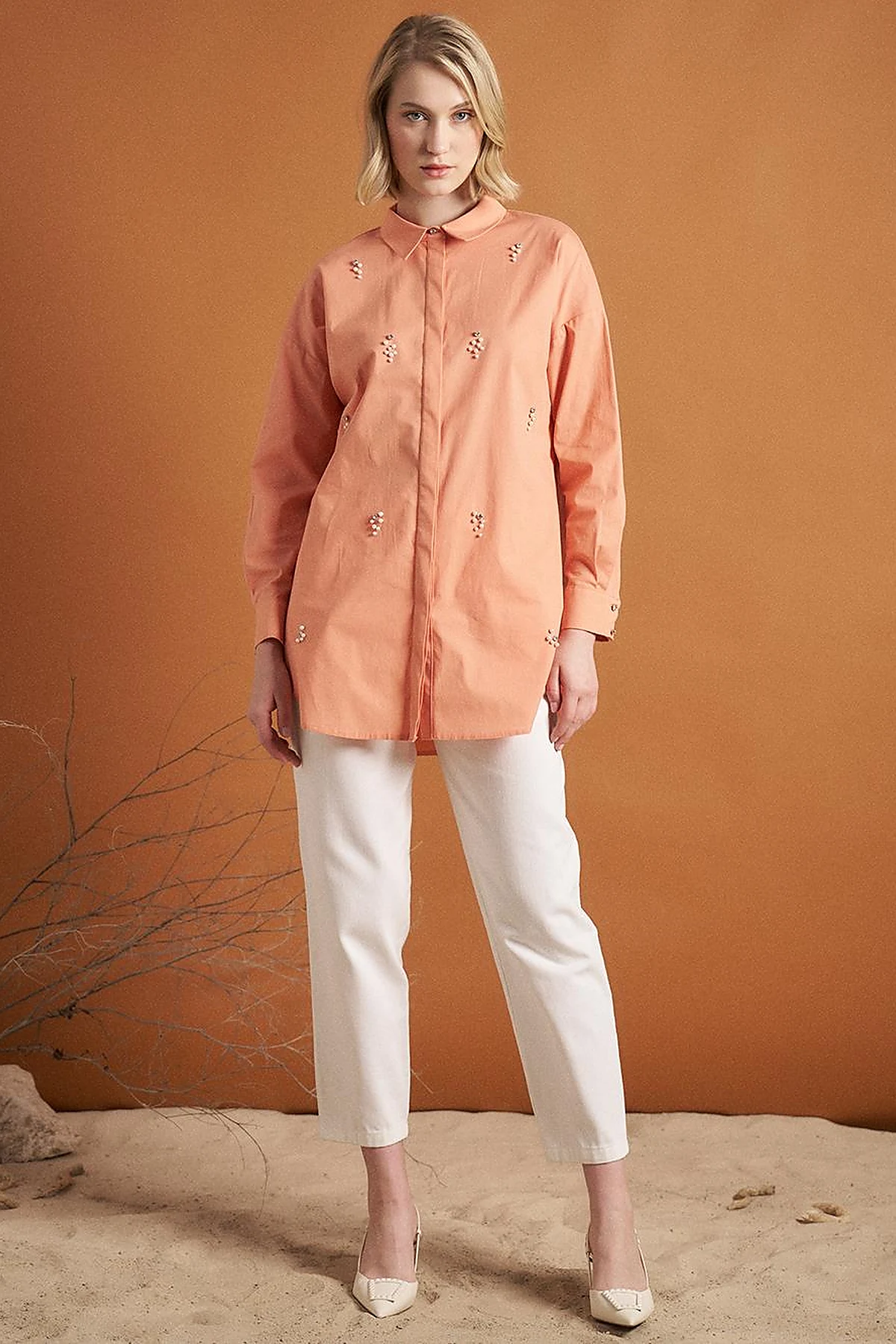 Stone Embellished Poplin Tunic Peach