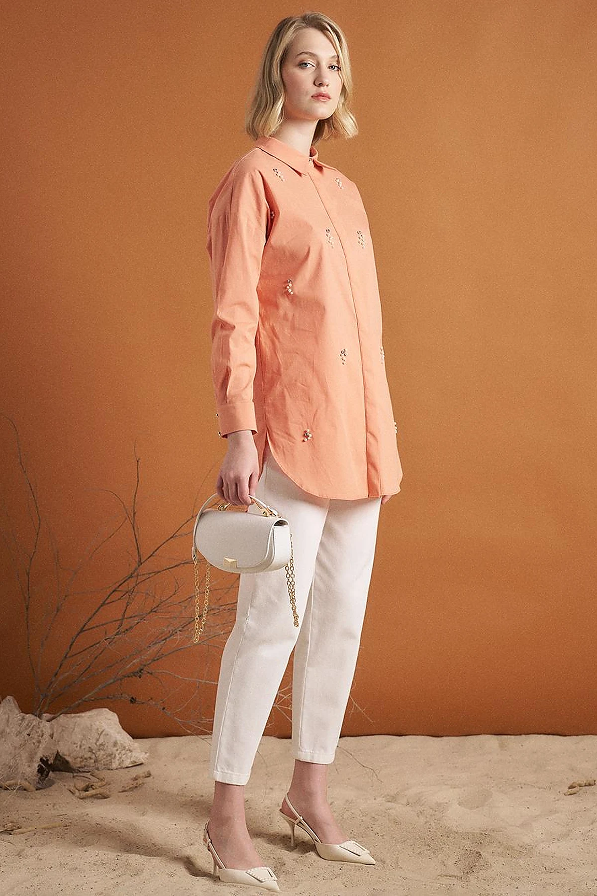 Stone Embellished Poplin Tunic Peach
