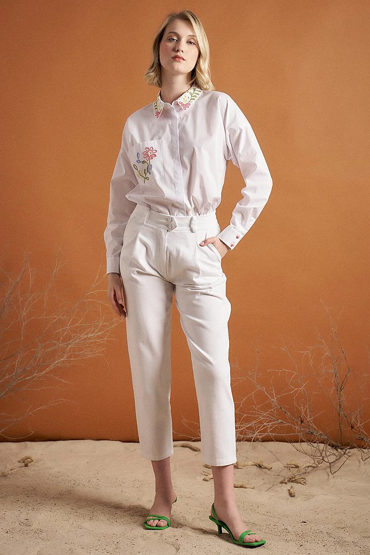 Pleated High Waist Denim Pants Optical White