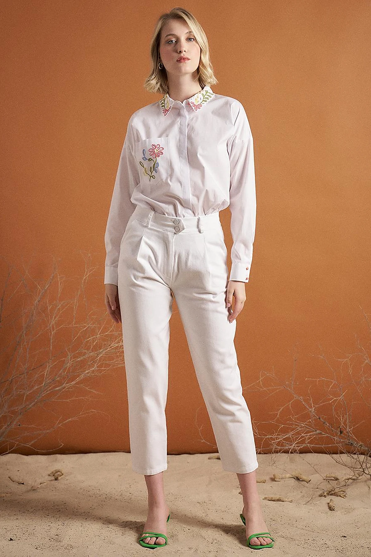 Pleated High Waist Denim Pants Optical White